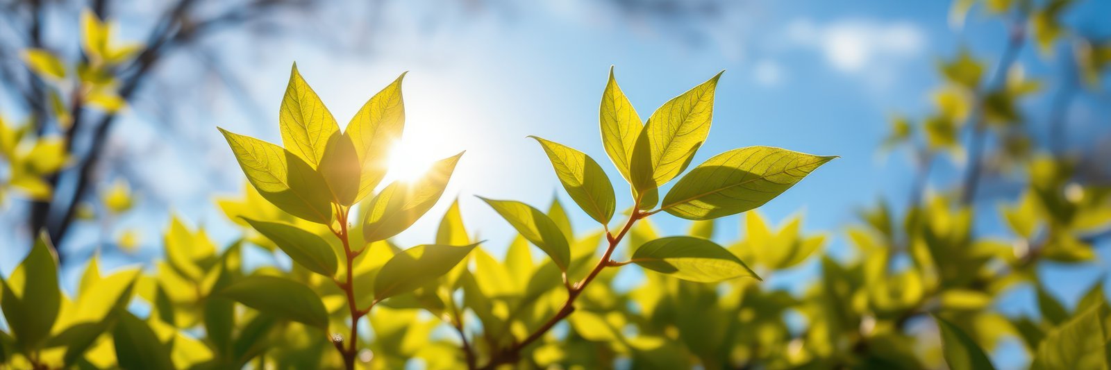 Bright sunlight shining through fresh green leaves in a vibrant spring landscape during midday